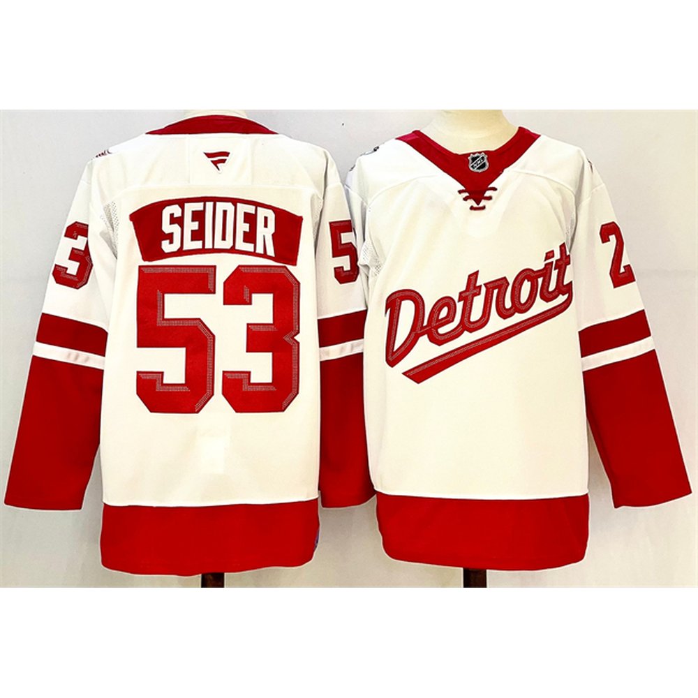 Men's Detroit Red Wings #53 Moritz Seider White/Red 2024-25 Stitched Premium Jersey Men's Detroit Red Wings #53 Moritz Seider White/Red 2024-25 Stitched Premium Jersey