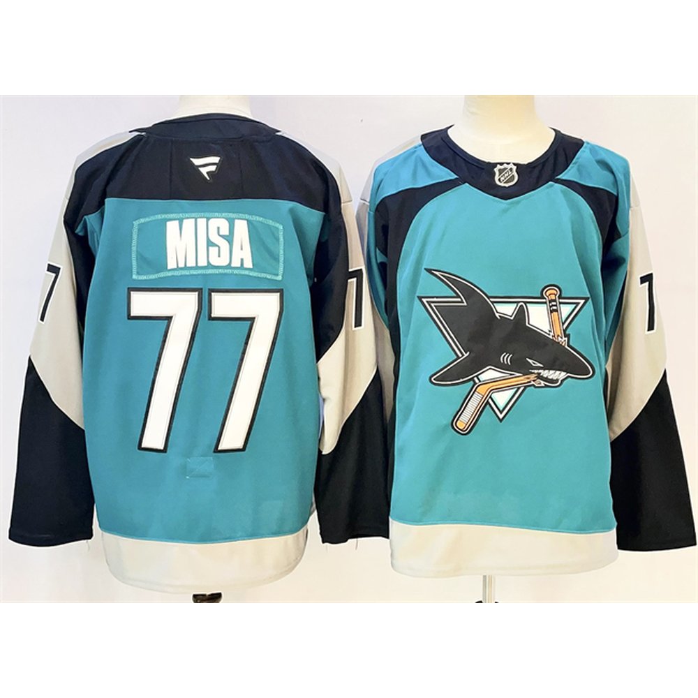 Men's San Jose Sharks #77 Michael Misa Teal 2025 Alternate Stitched Hockey Premium Jersey