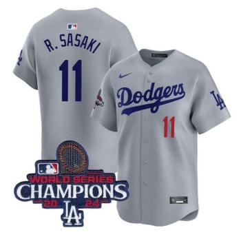 Men's Los Angeles Dodgers #11 Roki Sasaki Grey 2024 World Series Champions Limited Stitched Baseball Jersey Men's Los Angeles Dodgers #11 Roki Sasaki Grey 2024 World Series Champions Limited Stitched Baseball Jersey