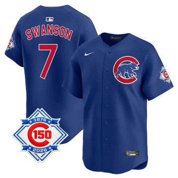 Men's Chicago Cubs #7 Dansby Swanson Royal Nike Alternate Vapor Limited 150th Anniversary Authentic Lettering Jersey