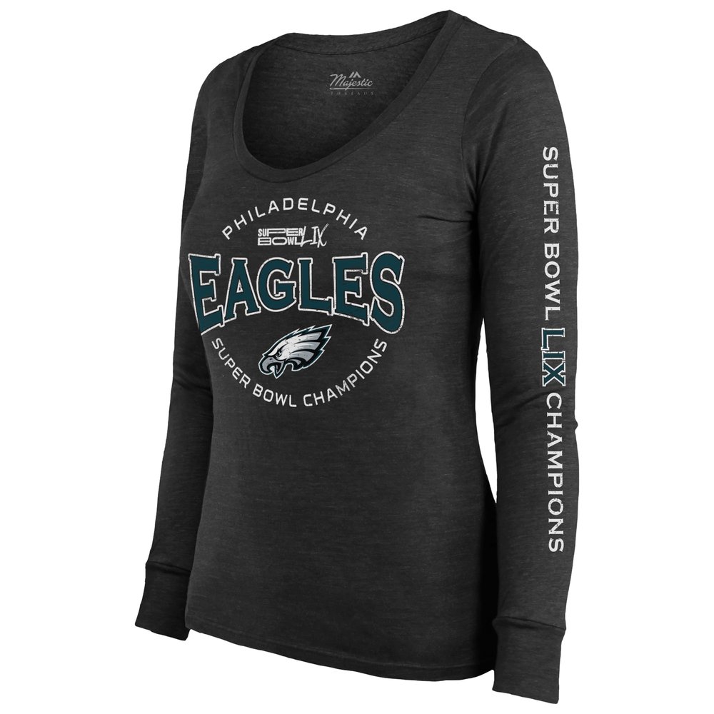 Women's Philadelphia Eagles  Threads Black Super Bowl LIX Champions Highlight Tri-Blend Scoop Neck Long Sleeve T-Shirt Women's Philadelphia Eagles  Threads Black Super Bowl LIX Champions Highlight Tri-Blend Scoop Neck Long Sleeve T-Shirt