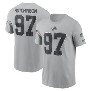 Men's Detroit Lions #97 Aidan Hutchinson Gray 2024 Salute To Service Name & Number T-Shirt Men's Detroit Lions #97 Aidan Hutchinson Gray 2024 Salute To Service Name & Number T-Shirt