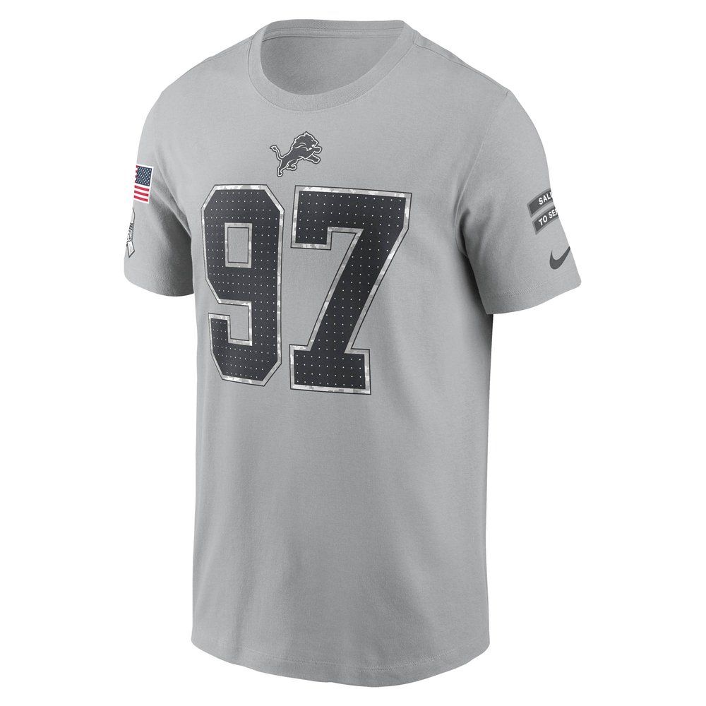 Men's Detroit Lions #97 Aidan Hutchinson Gray 2024 Salute To Service Name & Number T-Shirt