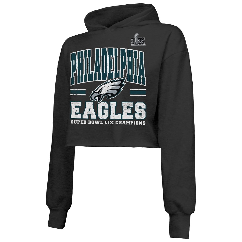 Women's Philadelphia Eagles  Threads Black Super Bowl LIX Champions Fair Catch Tri-Blend Cropped Pullover Hoodie Women's Philadelphia Eagles  Threads Black Super Bowl LIX Champions Fair Catch Tri-Blend Cropped Pullover Hoodie