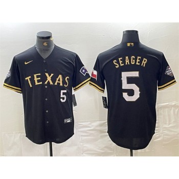 Men's Texas Rangers #5 Corey Seager Black Gold With Patch Cool Base Stitched Baseball Jersey Men's Texas Rangers #5 Corey Seager Black Gold With Patch Cool Base Stitched Baseball Jersey