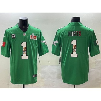 Men's Philadelphia Eagles #1 Jalen Hurts Green Mexico 2025 Super Bowl LIX Patch And 3-star C Patch Vapor Untouchable Limited Stitched Football Jersey Men's Philadelphia Eagles #1 Jalen Hurts Green Mexico 2025 Super Bowl LIX Patch And 3-star C Patch Vapor Untouchable Limited Stitched Football Jersey