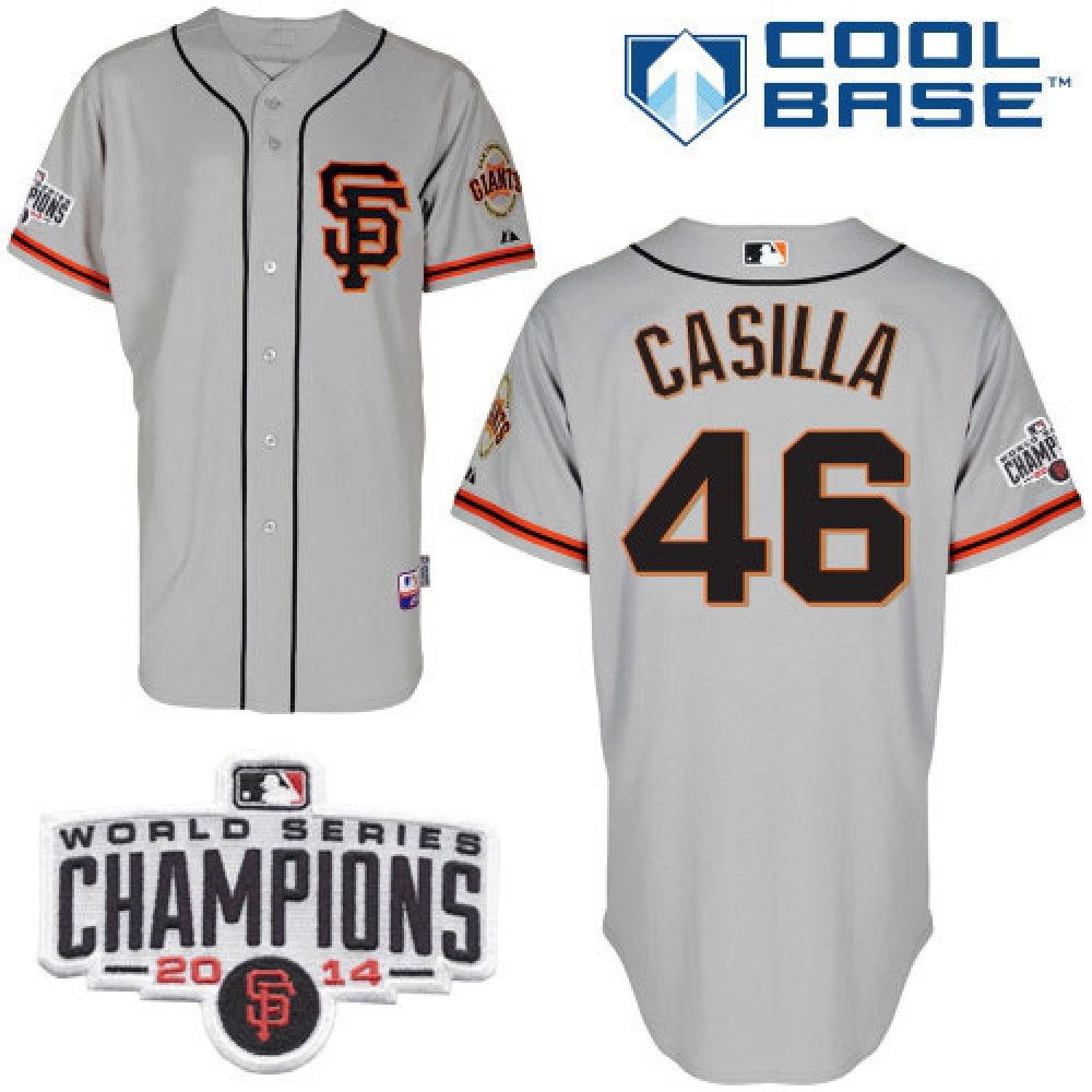 Giants #46 Santiago Casilla Grey Road 2 Cool Base W/2014 World Series Champions Patch Stitched MLB Jersey