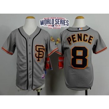 Giants #8 Hunter Pence Grey Road 2 Cool Base W/2014 World Series Patch Stitched Youth MLB Jersey