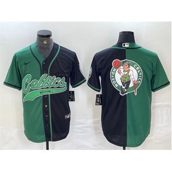 Men's Boston Celtics Team Big Logo With Patch Green/Black Split Stitched Baseball Jersey Men's Boston Celtics Team Big Logo With Patch Green/Black Split Stitched Baseball Jersey