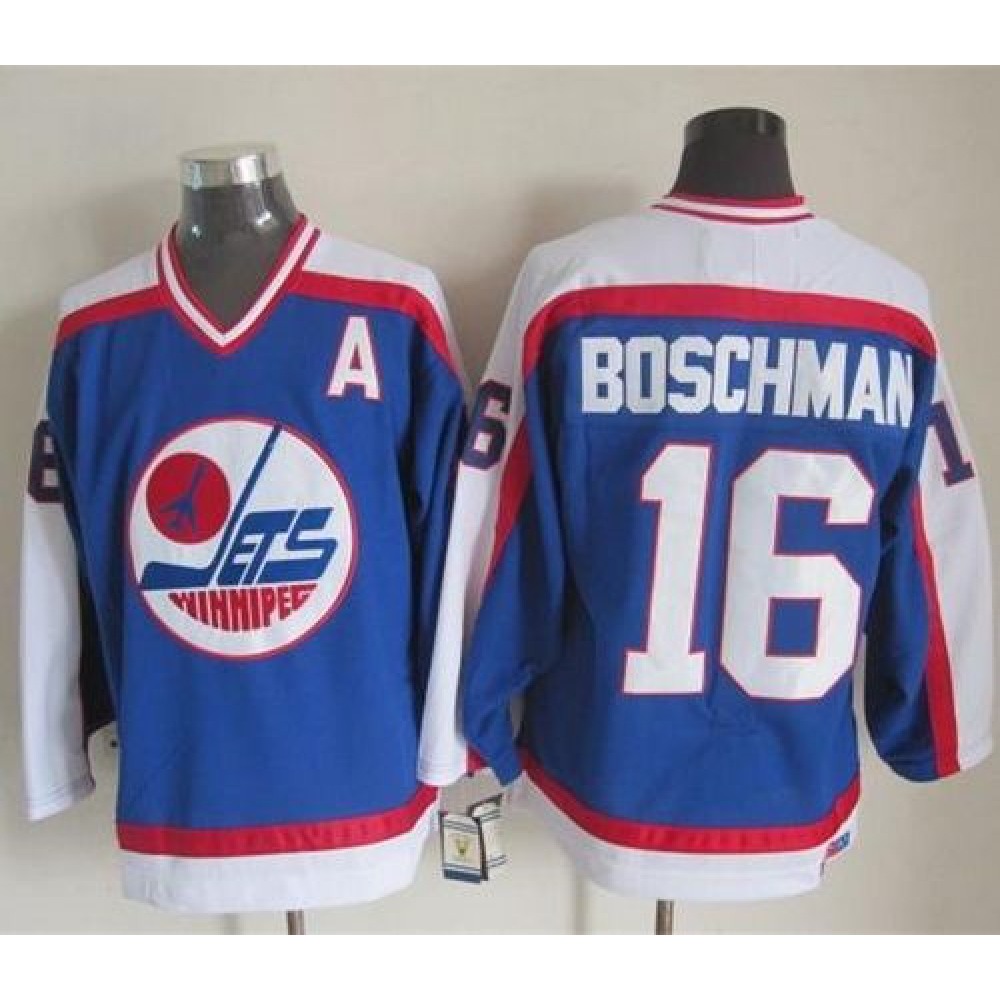 Jets #16 Laurie Boschman Blue/White CCM Throwback Stitched NHL Jersey