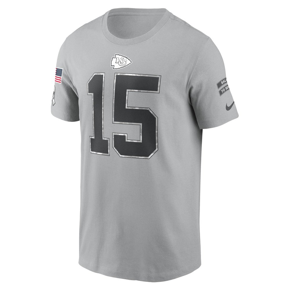 Men's Kansas City Chiefs #15 Patrick Mahomes Gray 2024 Salute To Service Name & Number T-Shirt