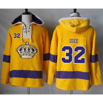 Kings #32 Jonathan Quick Gold Sawyer Hooded Sweatshirt Stitched NHL Jersey