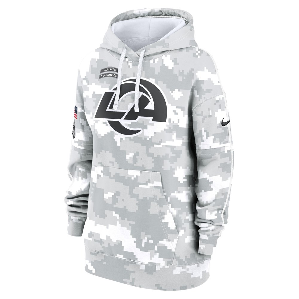 Women's Los Angeles Rams Arctic Camo 2024 Salute To Service Club Fleece Pullover Hoodie Women's Los Angeles Rams Arctic Camo 2024 Salute To Service Club Fleece Pullover Hoodie