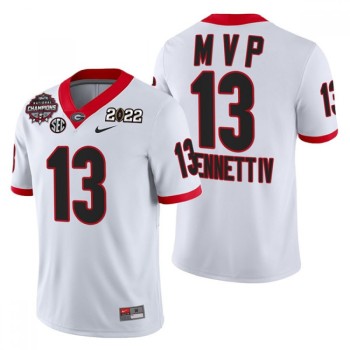 Men's Georgia Bulldogs #13 Stetson Bennett 2021/22 CFP National Champions MVP White College Football Stitched Jersey Men's Georgia Bulldogs #13 Stetson Bennett 2021/22 CFP National Champions MVP White College Football Stitched Jersey
