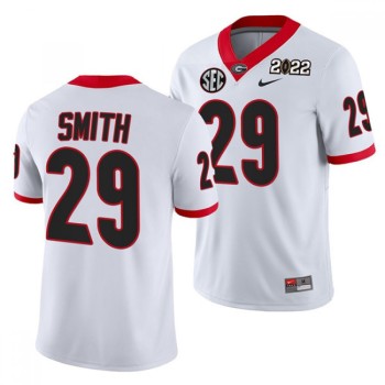 Men's Georgia Bulldogs #29 Christopher Smith 2022 Patch White College Football Stitched Jersey Men's Georgia Bulldogs #29 Christopher Smith 2022 Patch White College Football Stitched Jersey