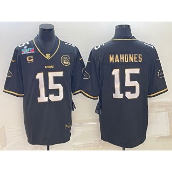 Men's Kansas City Chiefs #15 Patrick Mahomes Black Gold Super Bowl LVII Patch And 4-star C Patch Vapor Untouchable Limited Stitched Jersey Men's Kansas City Chiefs #15 Patrick Mahomes Black Gold Super Bowl LVII Patch And 4-star C Patch Vapor Untouchable Limited Stitched Jersey