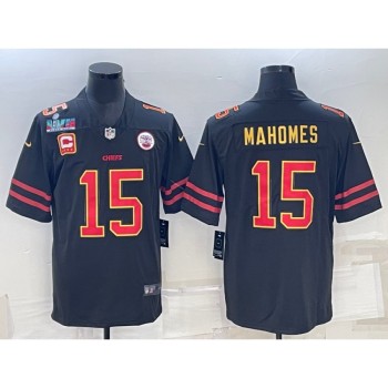 Men's Kansas City Chiefs #15 Patrick Mahomes Black Red Gold Super Bowl LVII Patch And 4-star C Patch Vapor Untouchable Limited Stitched Jersey Men's Kansas City Chiefs #15 Patrick Mahomes Black Red Gold Super Bowl LVII Patch And 4-star C Patch Vapor Untouchable Limited Stitched Jersey