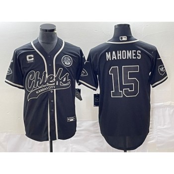 Men's Kansas City Chiefs #15 Patrick Mahomes Black With 4-star C Patch Cool Bae Stitched Baseball Jersey Men's Kansas City Chiefs #15 Patrick Mahomes Black With 4-star C Patch Cool Bae Stitched Baseball Jersey