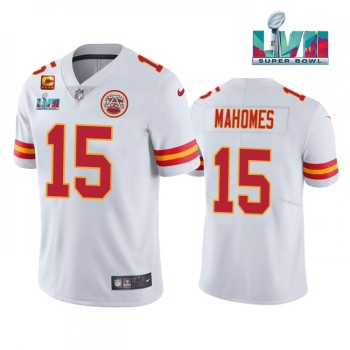 Men's Kansas City Chiefs #15 Patrick Mahomes White Super Bowl LVII Patch And 4-star C Patch Vapor Untouchable Limited Stitched Jersey Men's Kansas City Chiefs #15 Patrick Mahomes White Super Bowl LVII Patch And 4-star C Patch Vapor Untouchable Limited Stitched Jersey