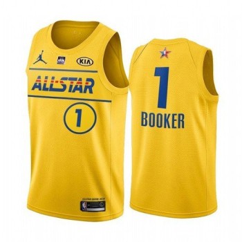Men's 2021 All-Star #1 Devin Booker Yellow Western Conference Stitched NBA Jersey Men's 2021 All-Star #1 Devin Booker Yellow Western Conference Stitched NBA Jersey