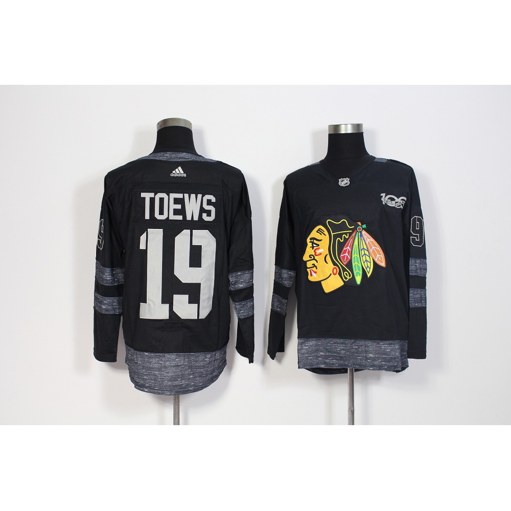 Men's Chicago Blackhawks #19 Jonathan Toews Black 1917-2017 100th Anniversary Stitched NHL Jersey