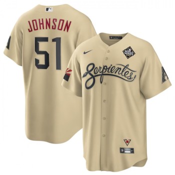 Men's Arizona Diamondbacks #51 Randy Johnson Cream 2023 World Series City Connect Cool Base Stitched Baseball Jersey Men's Arizona Diamondbacks #51 Randy Johnson Cream 2023 World Series City Connect Cool Base Stitched Baseball Jersey