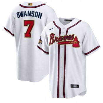 Men's Atlanta Braves#7 Dansby Swanson 2022 White/Gold World Series Champions Program Cool Base Stitched Baseball Jersey Men's Atlanta Braves#7 Dansby Swanson 2022 White/Gold World Series Champions Program Cool Base Stitched Baseball Jersey
