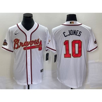 Men's Atlanta Braves #10 Chipper Jones 2022 White/Gold World Series Champions Program Cool Base Stitched Baseball Jersey Men's Atlanta Braves #10 Chipper Jones 2022 White/Gold World Series Champions Program Cool Base Stitched Baseball Jersey