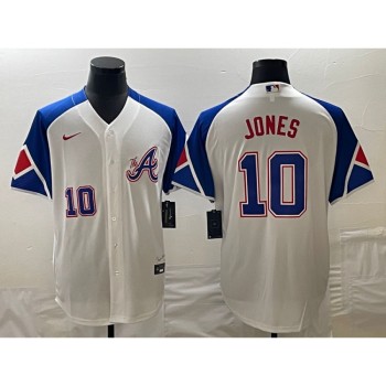 Men's Atlanta Braves #10 Chipper Jones White 2023 City Connect Cool Base With Patch Stitched Baseball Jersey
