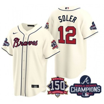 Men's Atlanta Braves #12 Jorge Soler 2021 Cream World Series Champions With 150th Anniversary Patch Cool Base Stitched Jersey Men's Atlanta Braves #12 Jorge Soler 2021 Cream World Series Champions With 150th Anniversary Patch Cool Base Stitched Jersey