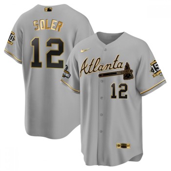 Men's Atlanta Braves #12 Jorge Soler 2021 Grey/Gold World Series Champions With 150th Anniversary Patch Cool Base Stitched Jersey Men's Atlanta Braves #12 Jorge Soler 2021 Grey/Gold World Series Champions With 150th Anniversary Patch Cool Base Stitched Jersey