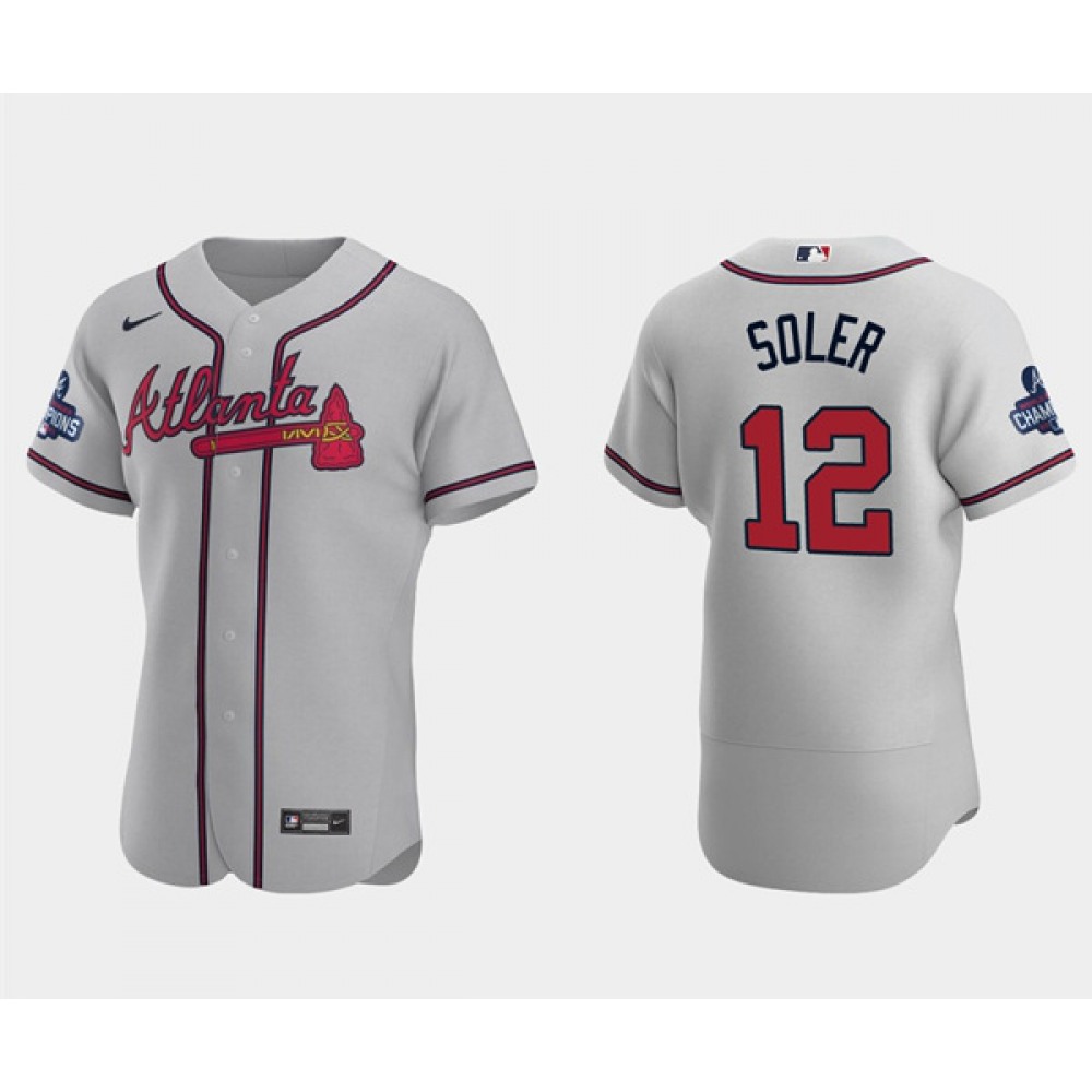 Men's Atlanta Braves #12 Jorge Soler 2021 Grey World Series Champions Flex Base Stitched Jersey