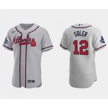 Men's Atlanta Braves #12 Jorge Soler 2021 Grey World Series Champions Flex Base Stitched Jersey Men's Atlanta Braves #12 Jorge Soler 2021 Grey World Series Champions Flex Base Stitched Jersey