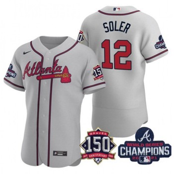 Men's Atlanta Braves #12 Jorge Soler 2021 Grey World Series Champions With 150th Anniversary Flex Base Stitched Jersey Men's Atlanta Braves #12 Jorge Soler 2021 Grey World Series Champions With 150th Anniversary Flex Base Stitched Jersey