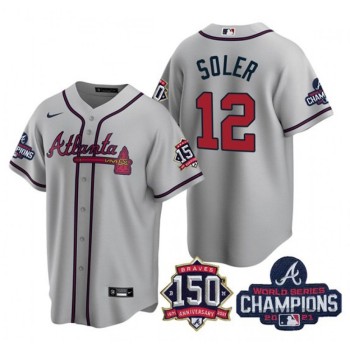 Men's Atlanta Braves #12 Jorge Soler 2021 Grey World Series Champions With 150th Anniversary Patch Cool Base Stitched Jersey Men's Atlanta Braves #12 Jorge Soler 2021 Grey World Series Champions With 150th Anniversary Patch Cool Base Stitched Jersey