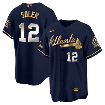 Men's Atlanta Braves #12 Jorge Soler 2021 Navy/Gold World Series Champions With 150th Anniversary Patch Cool Base Stitched Jersey Men's Atlanta Braves #12 Jorge Soler 2021 Navy/Gold World Series Champions With 150th Anniversary Patch Cool Base Stitched Jersey