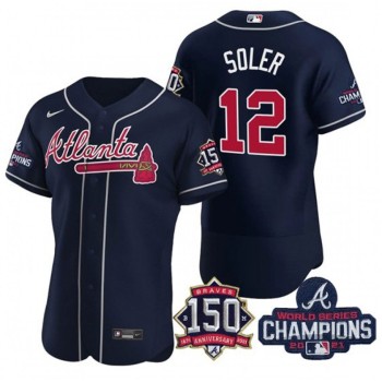 Men's Atlanta Braves #12 Jorge Soler 2021 Navy World Series Champions With 150th Anniversary Flex Base Stitched Jersey Men's Atlanta Braves #12 Jorge Soler 2021 Navy World Series Champions With 150th Anniversary Flex Base Stitched Jersey