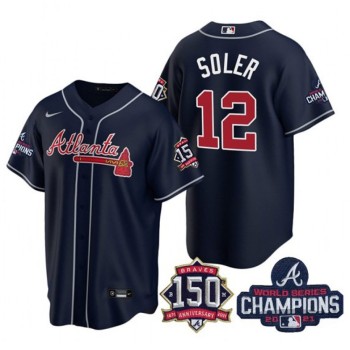 Men's Atlanta Braves #12 Jorge Soler 2021 Navy World Series Champions With 150th Anniversary Patch Cool Base Stitched Jersey Men's Atlanta Braves #12 Jorge Soler 2021 Navy World Series Champions With 150th Anniversary Patch Cool Base Stitched Jersey