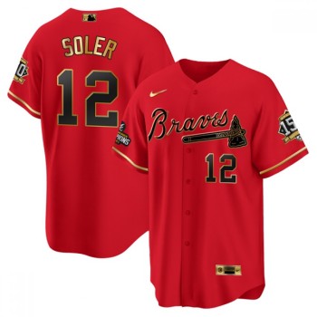 Men's Atlanta Braves #12 Jorge Soler 2021 Red/Gold World Series Champions With 150th Anniversary Patch Cool Base Stitched Jersey Men's Atlanta Braves #12 Jorge Soler 2021 Red/Gold World Series Champions With 150th Anniversary Patch Cool Base Stitched Jersey