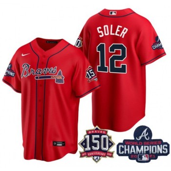 Men's Atlanta Braves #12 Jorge Soler 2021 Red World Series Champions With 150th Anniversary Patch Cool Base Stitched Jersey Men's Atlanta Braves #12 Jorge Soler 2021 Red World Series Champions With 150th Anniversary Patch Cool Base Stitched Jersey