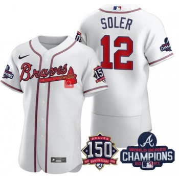 Men's Atlanta Braves #12 Jorge Soler 2021 White World Series Champions With 150th Anniversary Flex Base Stitched Jersey Men's Atlanta Braves #12 Jorge Soler 2021 White World Series Champions With 150th Anniversary Flex Base Stitched Jersey