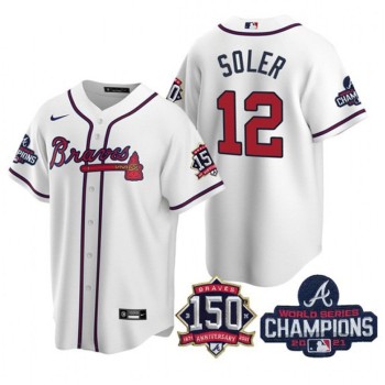 Men's Atlanta Braves #12 Jorge Soler 2021 White World Series Champions With 150th Anniversary Patch Cool Base Stitched Jersey Men's Atlanta Braves #12 Jorge Soler 2021 White World Series Champions With 150th Anniversary Patch Cool Base Stitched Jersey