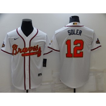 Men's Atlanta Braves #12 Jorge Soler 2022 White/Gold World Series Champions Program Cool Base Stitched Baseball Jersey Men's Atlanta Braves #12 Jorge Soler 2022 White/Gold World Series Champions Program Cool Base Stitched Baseball Jersey