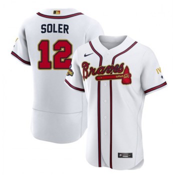 Men's Atlanta Braves #12 Jorge Soler 2022 White/Gold World Series Champions Program Flex Base Stitched Baseball Jersey Men's Atlanta Braves #12 Jorge Soler 2022 White/Gold World Series Champions Program Flex Base Stitched Baseball Jersey