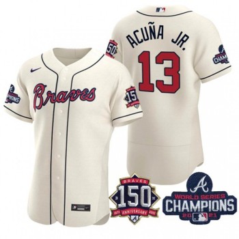 Men's Atlanta Braves #13 Ronald Acuna Jr. 2021 Cream World Series Champions With 150th Anniversary Flex Base Stitched Jersey Men's Atlanta Braves #13 Ronald Acuna Jr. 2021 Cream World Series Champions With 150th Anniversary Flex Base Stitched Jersey