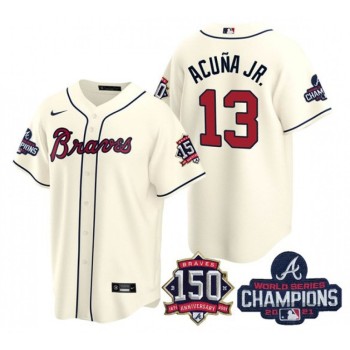 Men's Atlanta Braves #13 Ronald Acuna Jr. 2021 Cream World Series Champions With 150th Anniversary Patch Cool Base Stitched Jersey Men's Atlanta Braves #13 Ronald Acuna Jr. 2021 Cream World Series Champions With 150th Anniversary Patch Cool Base Stitched Jersey