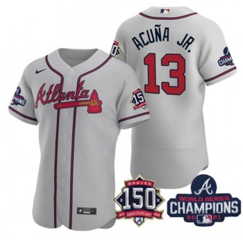 Men's Atlanta Braves #13 Ronald Acuna Jr. 2021 Grey World Series Champions With 150th Anniversary Flex Base Stitched Jersey Men's Atlanta Braves #13 Ronald Acuna Jr. 2021 Grey World Series Champions With 150th Anniversary Flex Base Stitched Jersey