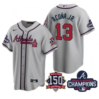 Men's Atlanta Braves #13 Ronald Acuna Jr. 2021 Grey World Series Champions With 150th Anniversary Patch Cool Base Stitched Jersey Men's Atlanta Braves #13 Ronald Acuna Jr. 2021 Grey World Series Champions With 150th Anniversary Patch Cool Base Stitched Jersey