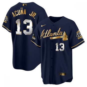 Men's Atlanta Braves #13 Ronald Acuna Jr. 2021 Navy/Gold World Series Champions With 150th Anniversary Patch Cool Base Stitched Jersey