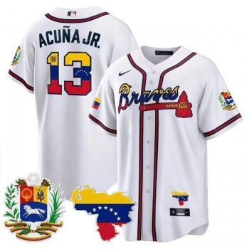 Men's Atlanta Braves #13 Ronald Acuna Jr. 2023 White With Patch Cool Base Stitched Jersey Men's Atlanta Braves #13 Ronald Acuna Jr. 2023 White With Patch Cool Base Stitched Jersey